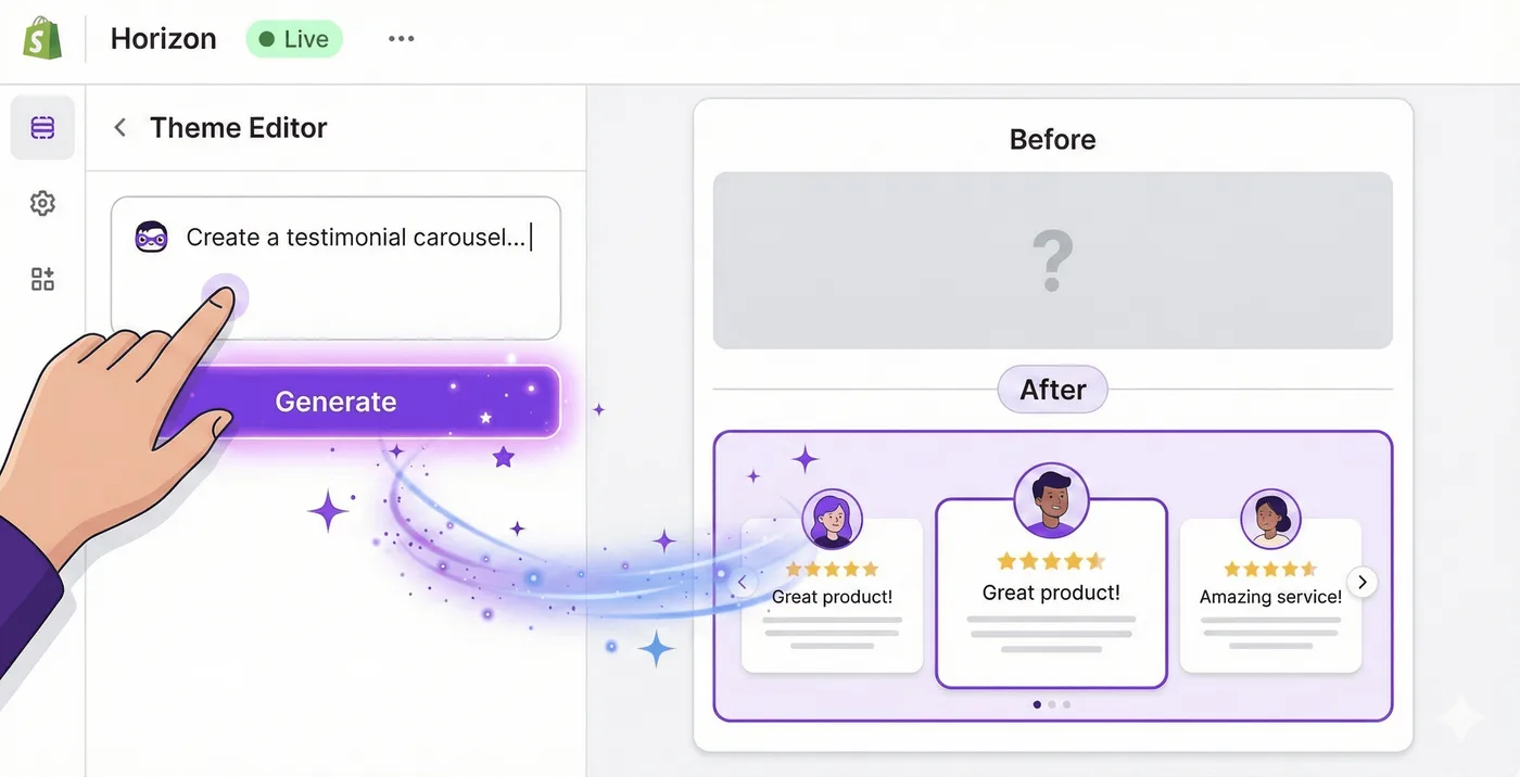 Ilustración moderna de la interfaz de un editor de temas de sitios web. Una persona escribe «Crea un carrusel de testimonios…» en un cuadro de instrucciones con el icono de Shopify Sidekick. Unos destellos conectan el cuadro con un bloque de carrusel terminado y funcional que aparece en la vista previa de la página.