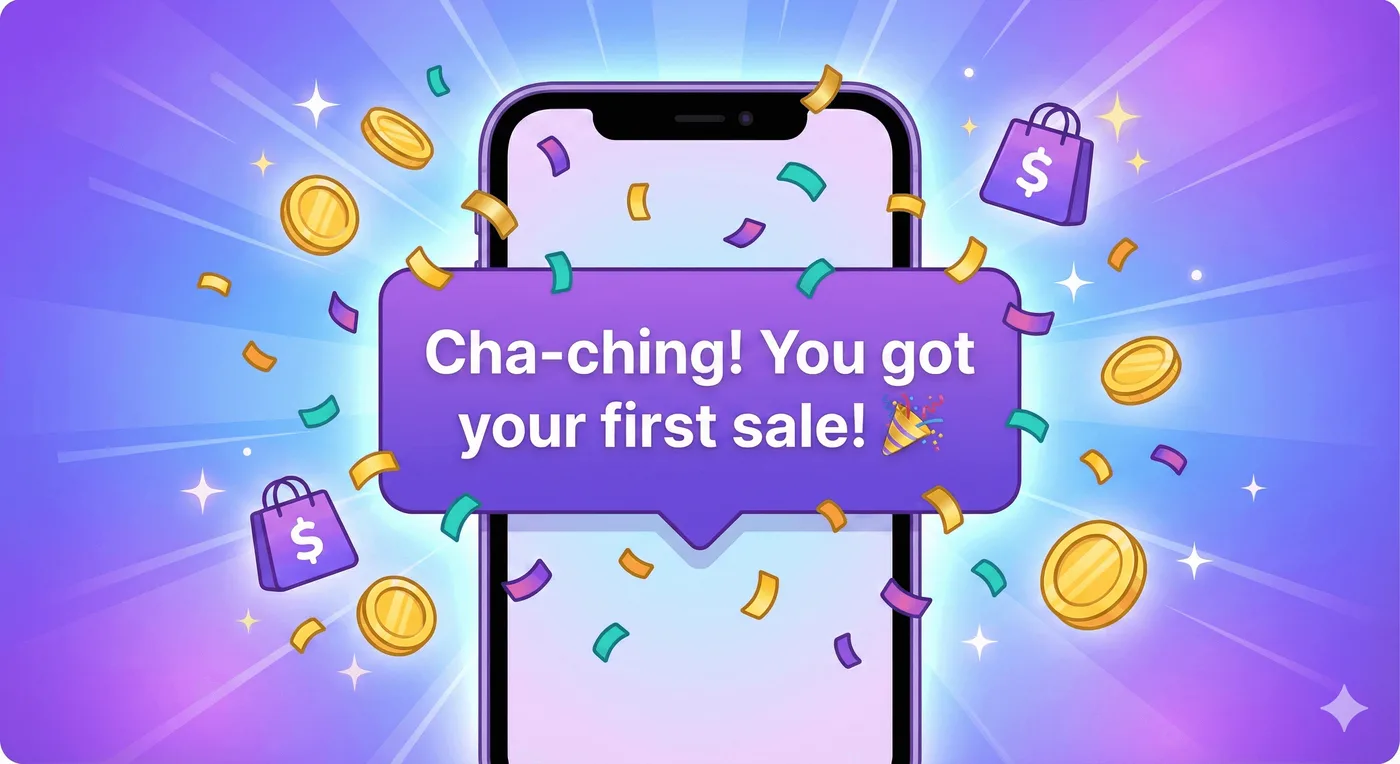 Ilustración alegre y festiva de la pantalla de un teléfono. Una notificación morada dice «¡Tu primera venta! 🎉» y está rodeada de confeti de colores, monedas flotantes e iconos de bolsas de compras.