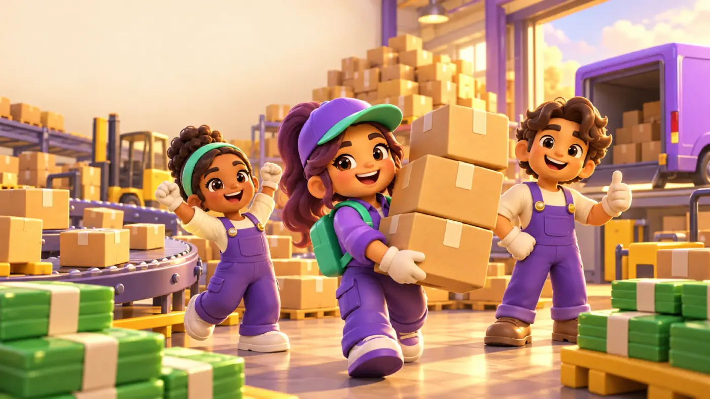 Key Art zu Warehouse Rush zeigt Rumi mit Kartons neben Maya und Noah