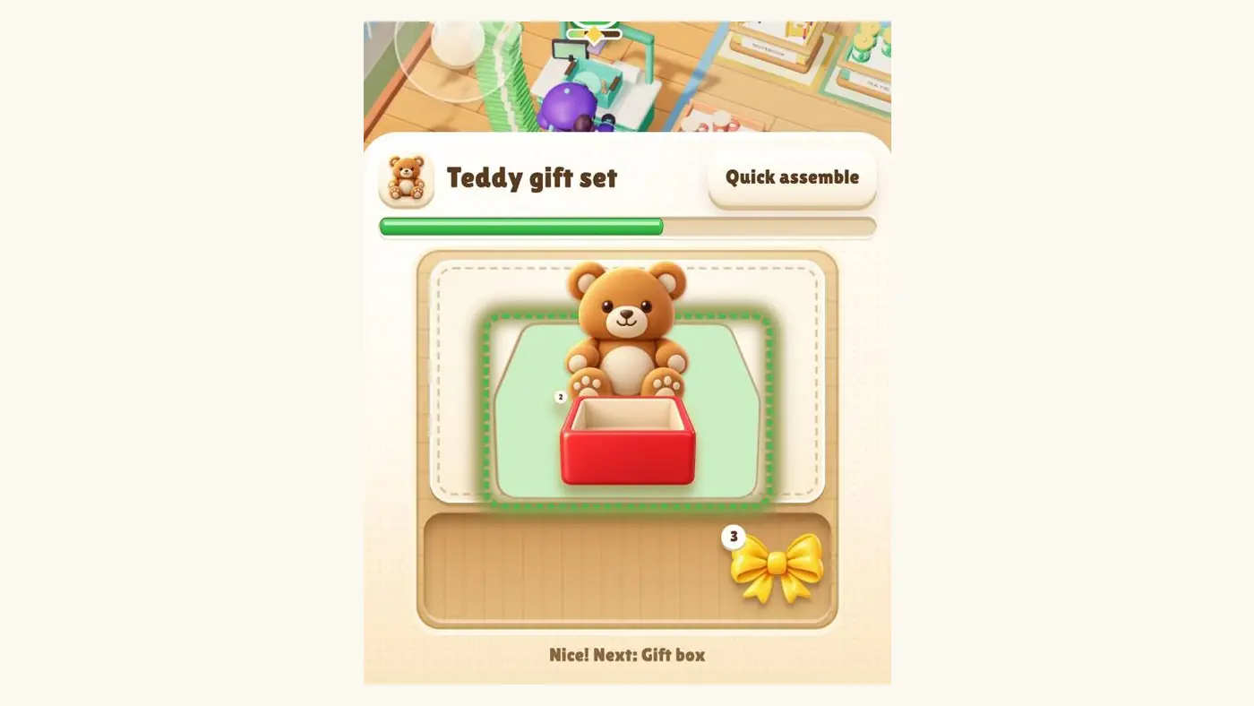 Montageansicht des Teddy-Geschenksets mit Bär, Geschenkbox und Schleife
