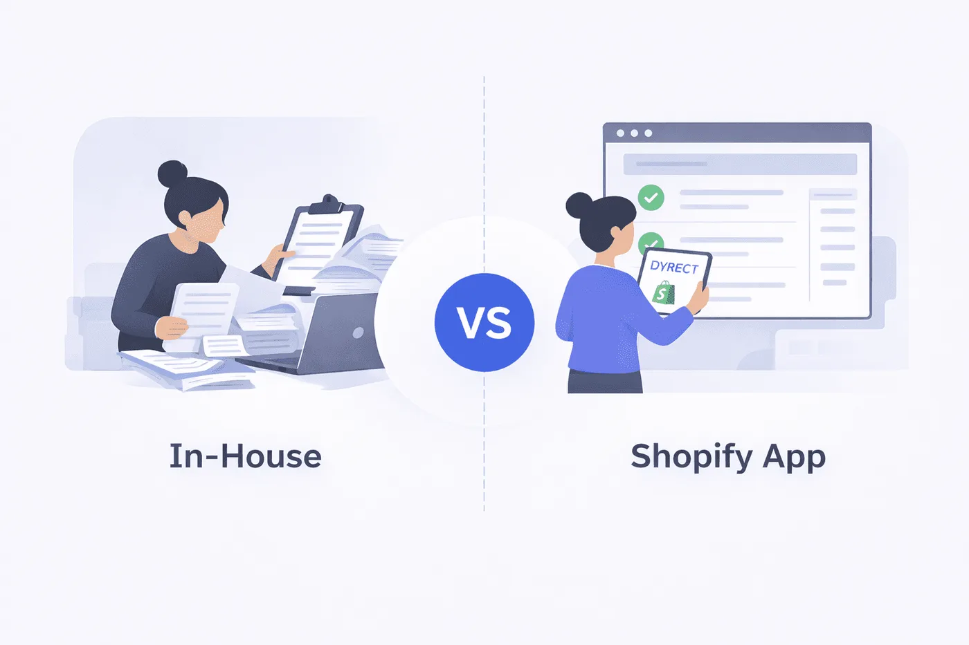 Ilustración dividida que compara la gestión interna de garantías con una app de Shopify. A un lado aparece una persona abrumada por papeles y documentos en su escritorio; al otro, una persona usa un panel de Shopify con marcas de verificación. Entre ambas aparece «VS».