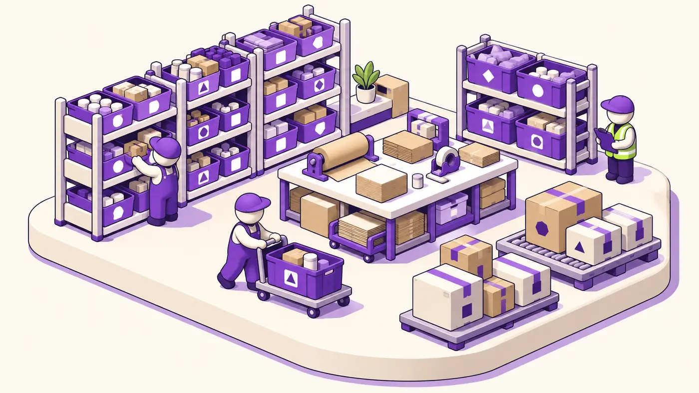 Warehouse picking shelves, a packing bench, and a separate area for exception totes