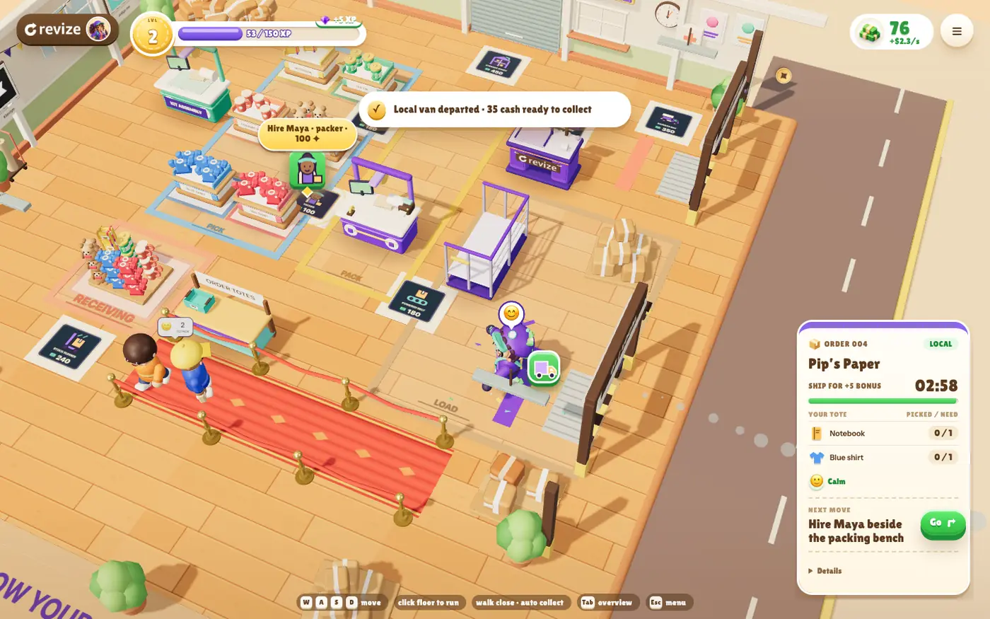 Warehouse Rush showing product shelves, packing benches, and a dispatch van