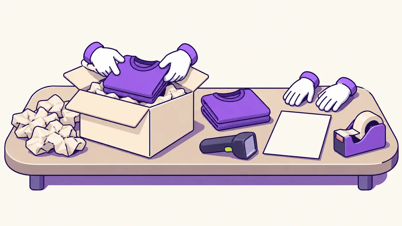 A packer checking a shirt and its quantity beside an open carton and an order sheet
