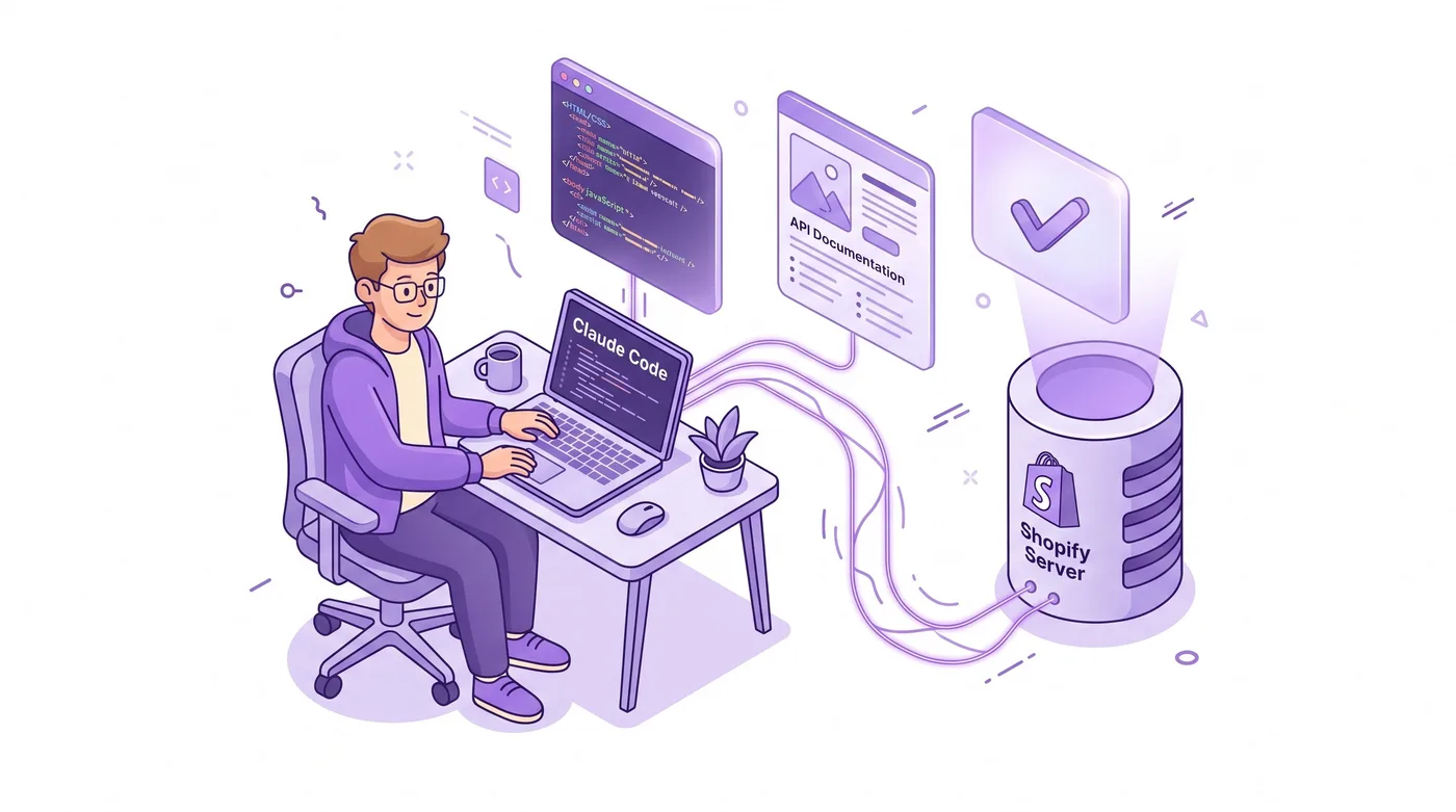 Diagrama de um assistente de IA para desenvolvedores conectado pelo servidor Shopify Dev MCP à documentação da Shopify, ao esquema da GraphQL Admin API e a um fluxo de execução de operações na loja apoiado pela CLI