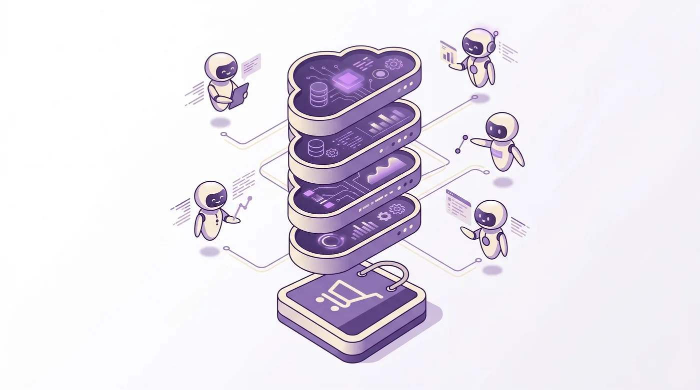 Ilustração dos quatro servidores MCP da Shopify — Dev MCP, Storefront MCP, Catalog MCP e Customer Accounts MCP — com dados fluindo para agentes de IA e lojas