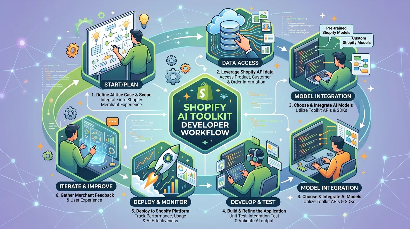 Estação de trabalho de um desenvolvedor com o Claude Code aberto ao lado de um terminal executando a Shopify CLI, enquanto o servidor Shopify Dev MCP conecta ambos à documentação e a uma loja de desenvolvimento ativa
