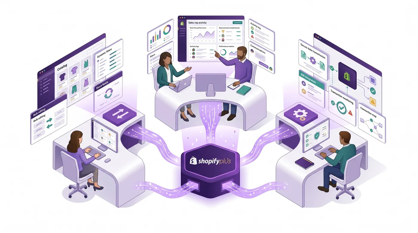 Equipo de operaciones de Shopify Plus B2B gestionando ventas mayoristas de gran volumen en varias regiones y con distintas integraciones