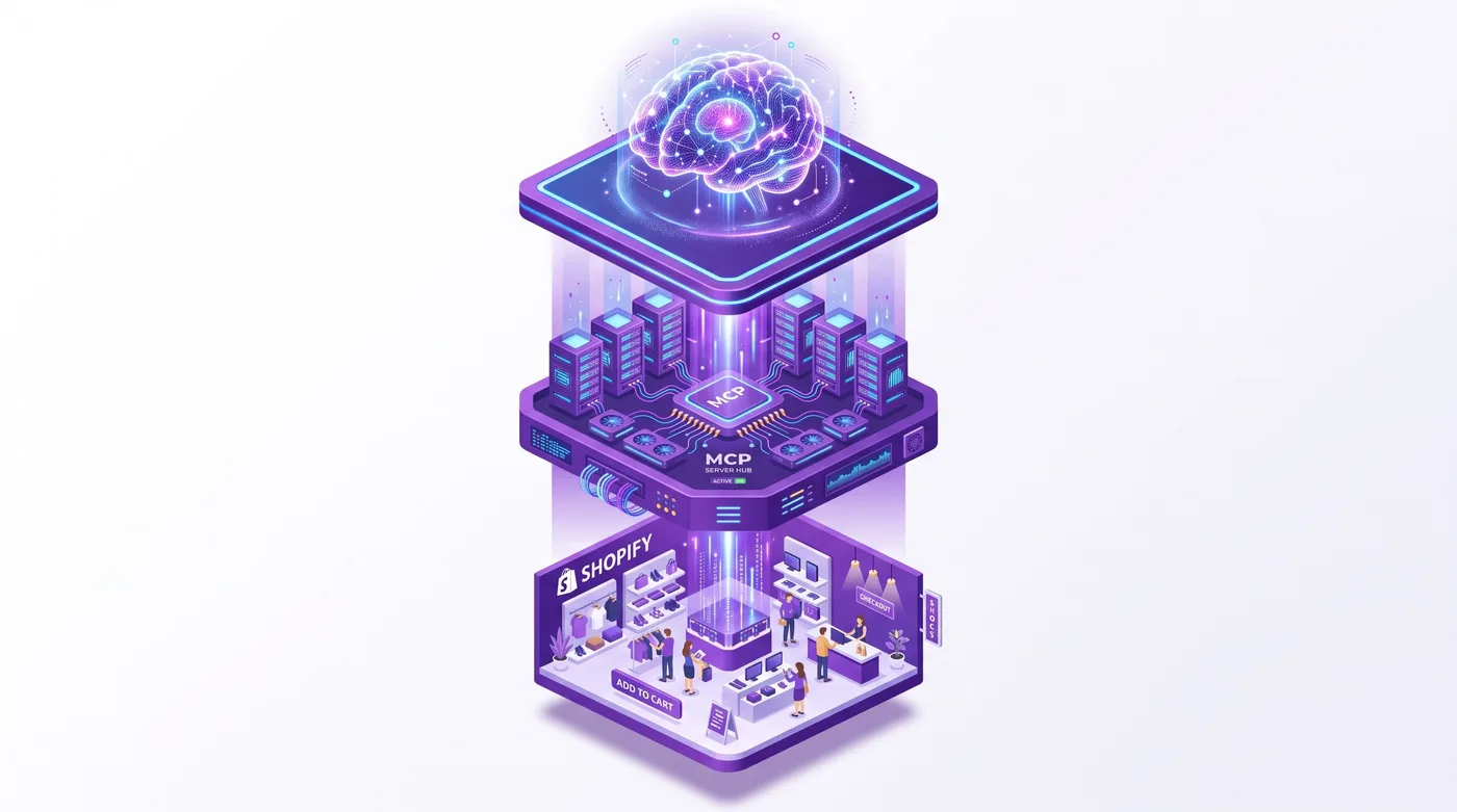 Arquitetura MCP de três camadas conectando um assistente de IA à Admin API da Shopify