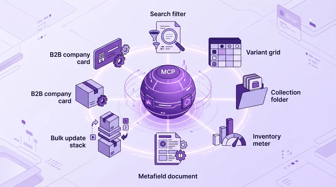 Sete categorias de operações de catálogo disponíveis a agentes de IA via MCP da Shopify