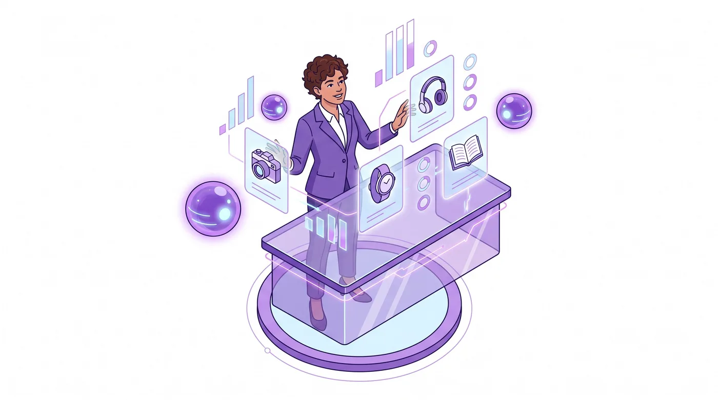 Lojista da Shopify analisando informações de catálogo e pedidos geradas por IA em sua estação de trabalho