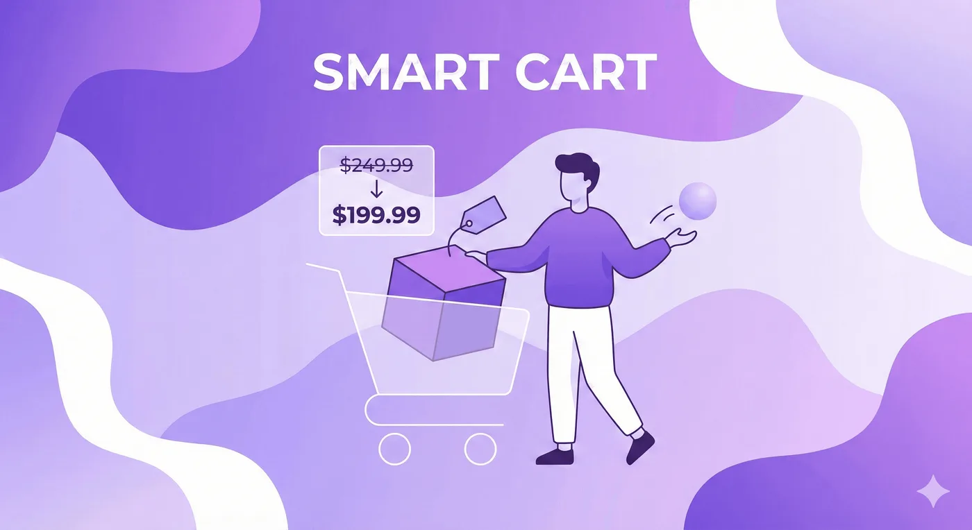 Illustrazione vettoriale piatta nei toni del viola e del bianco con il testo «CARRELLO INTELLIGENTE». Una persona accanto a un carrello vi inserisce un articolo grande mentre lancia una sfera più piccola. Un cartellino mostra il totale che scende da «$249,99» a «$199,99», con una freccia verso il basso. Sullo sfondo c’è un motivo di forme morbide e ondulate.
