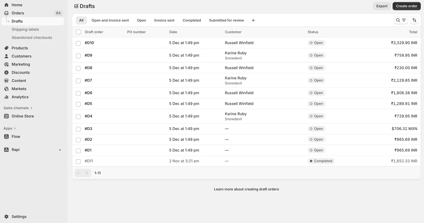 Lista de pedidos preliminares e página de criação no Shopify Admin
