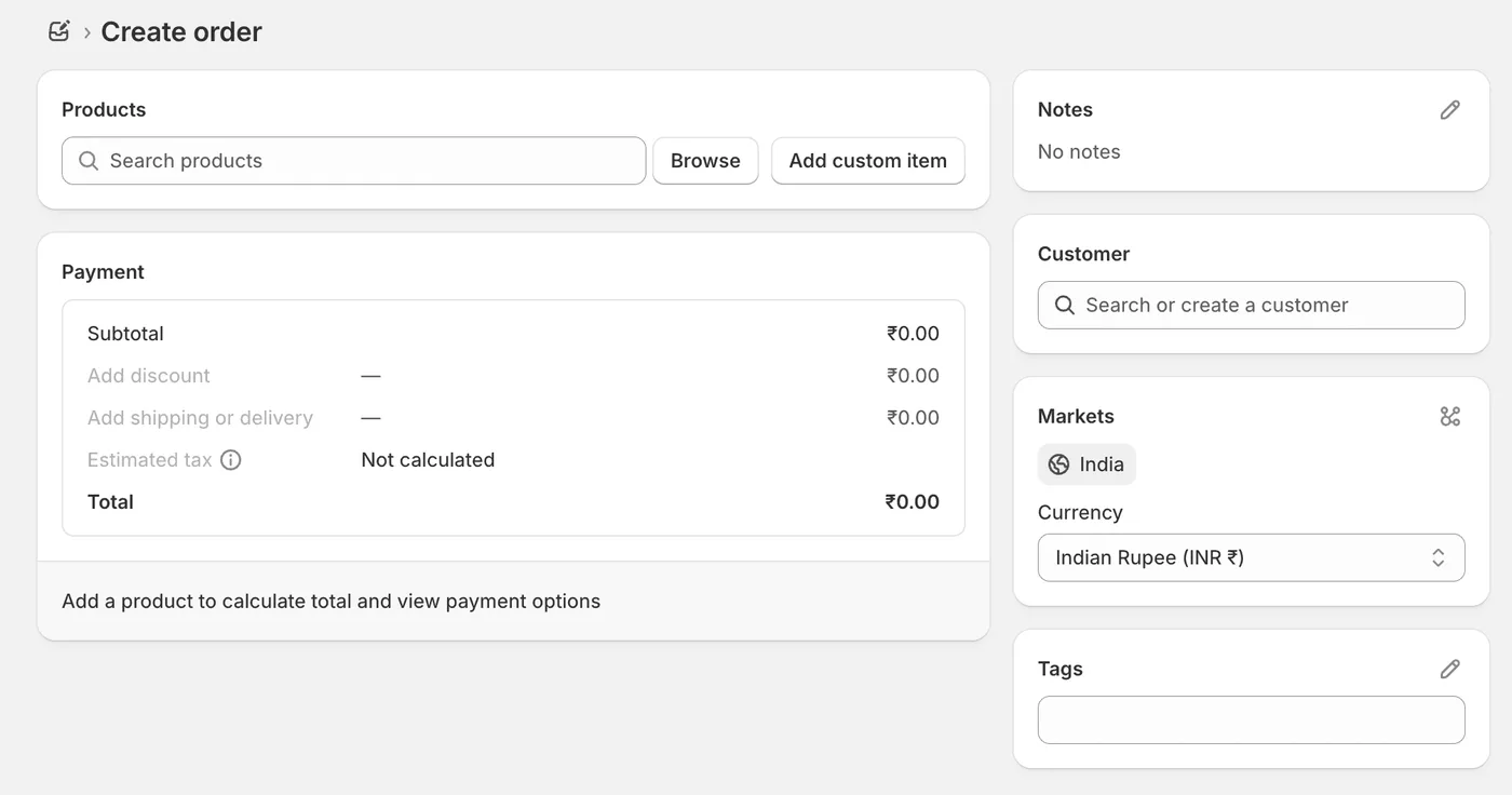 Página de criação de pedido preliminar no Shopify Admin