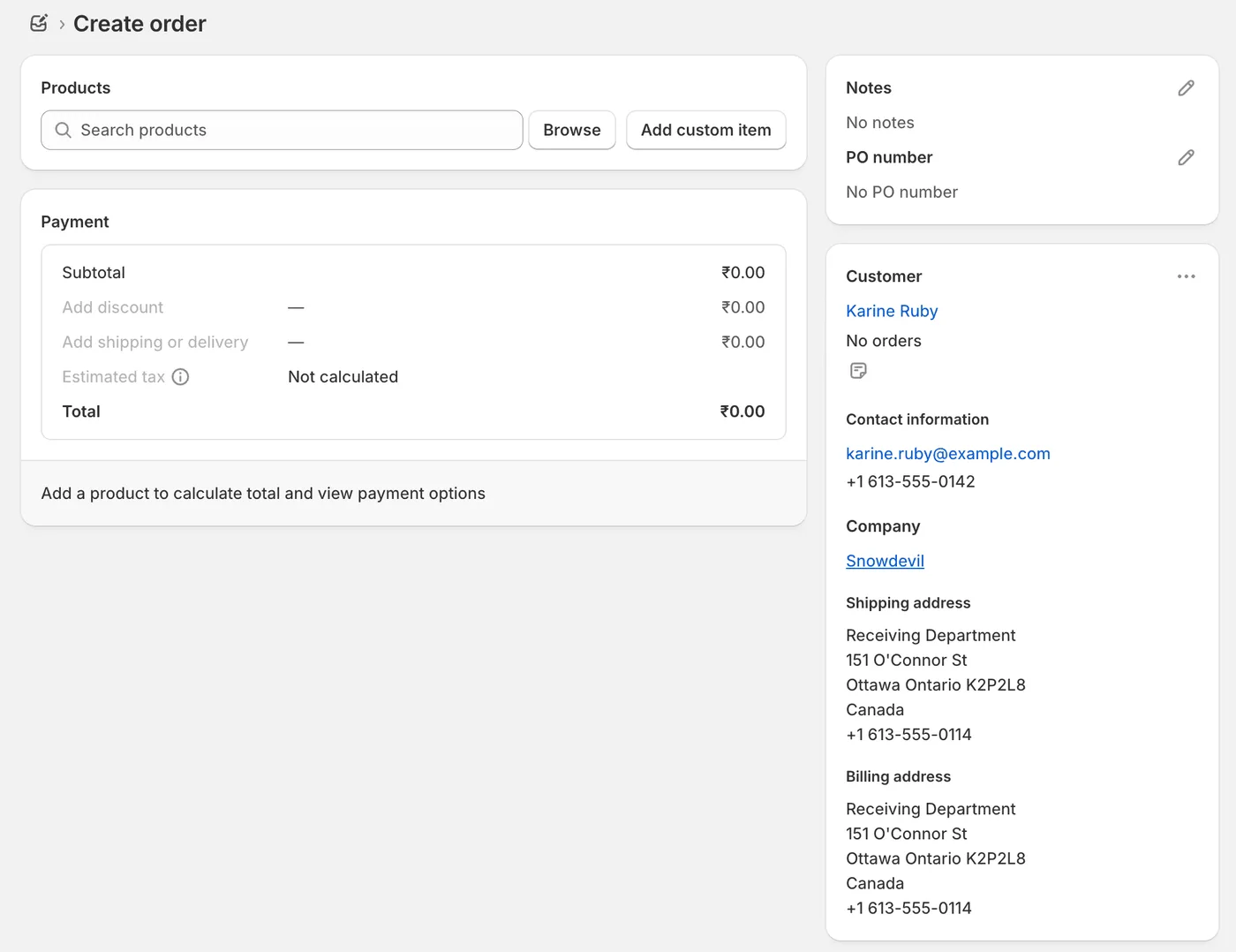 Adicionar cliente na página de criação de pedido preliminar no Shopify Admin
