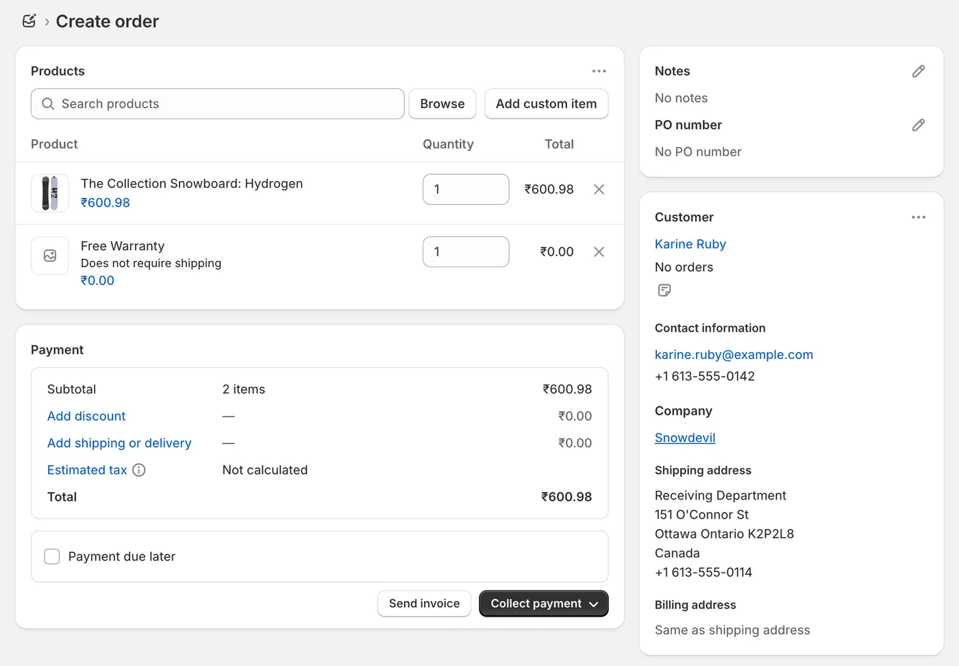 Adicionar produtos a um pedido preliminar no Shopify Admin