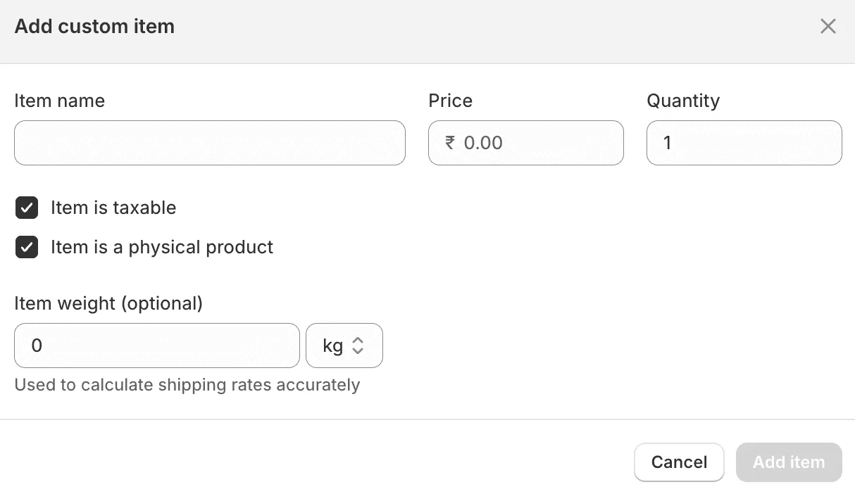 Adicionar item personalizado a um pedido preliminar no Shopify Admin