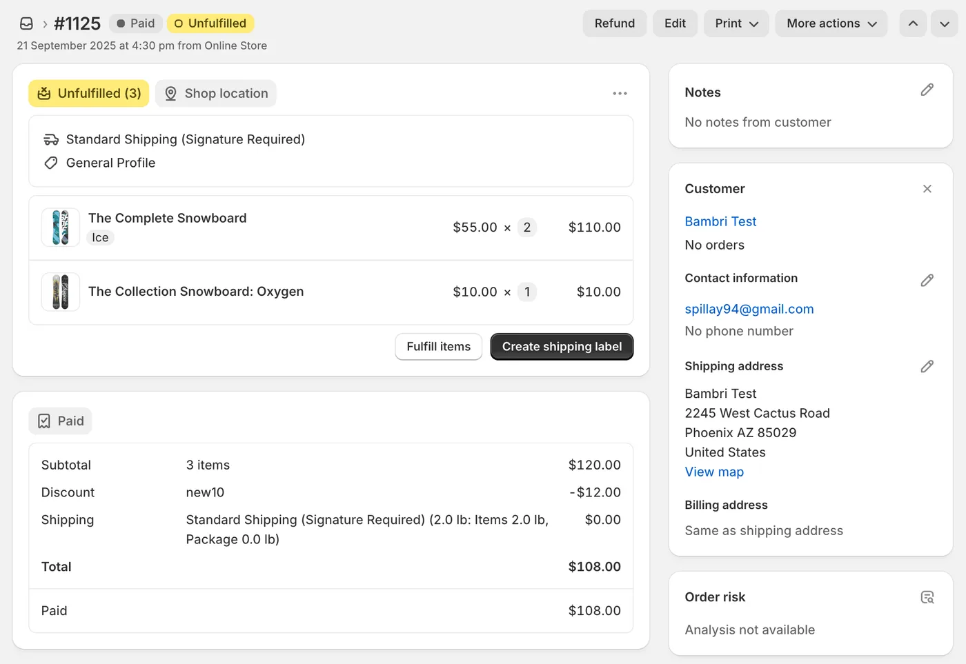 Pagina di un ordine in Shopify Admin