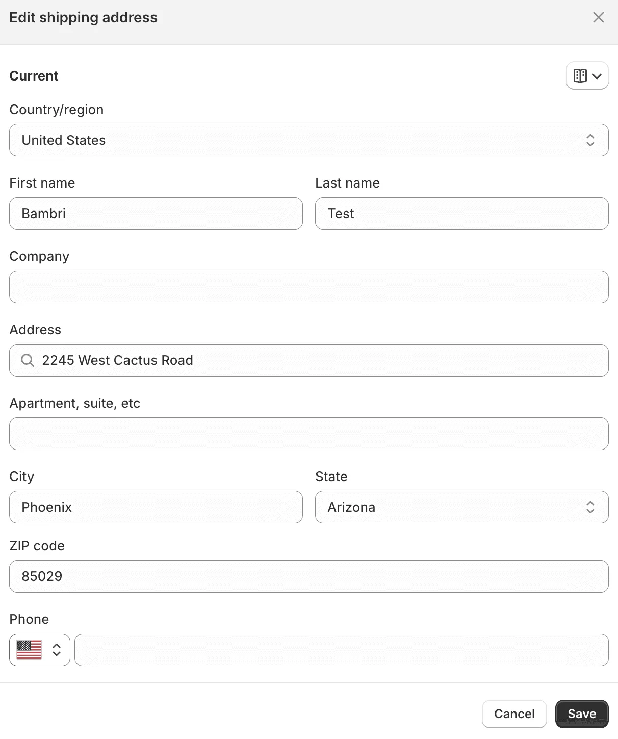 Modifica dell’indirizzo di spedizione nella pagina dell’ordine di Shopify Admin