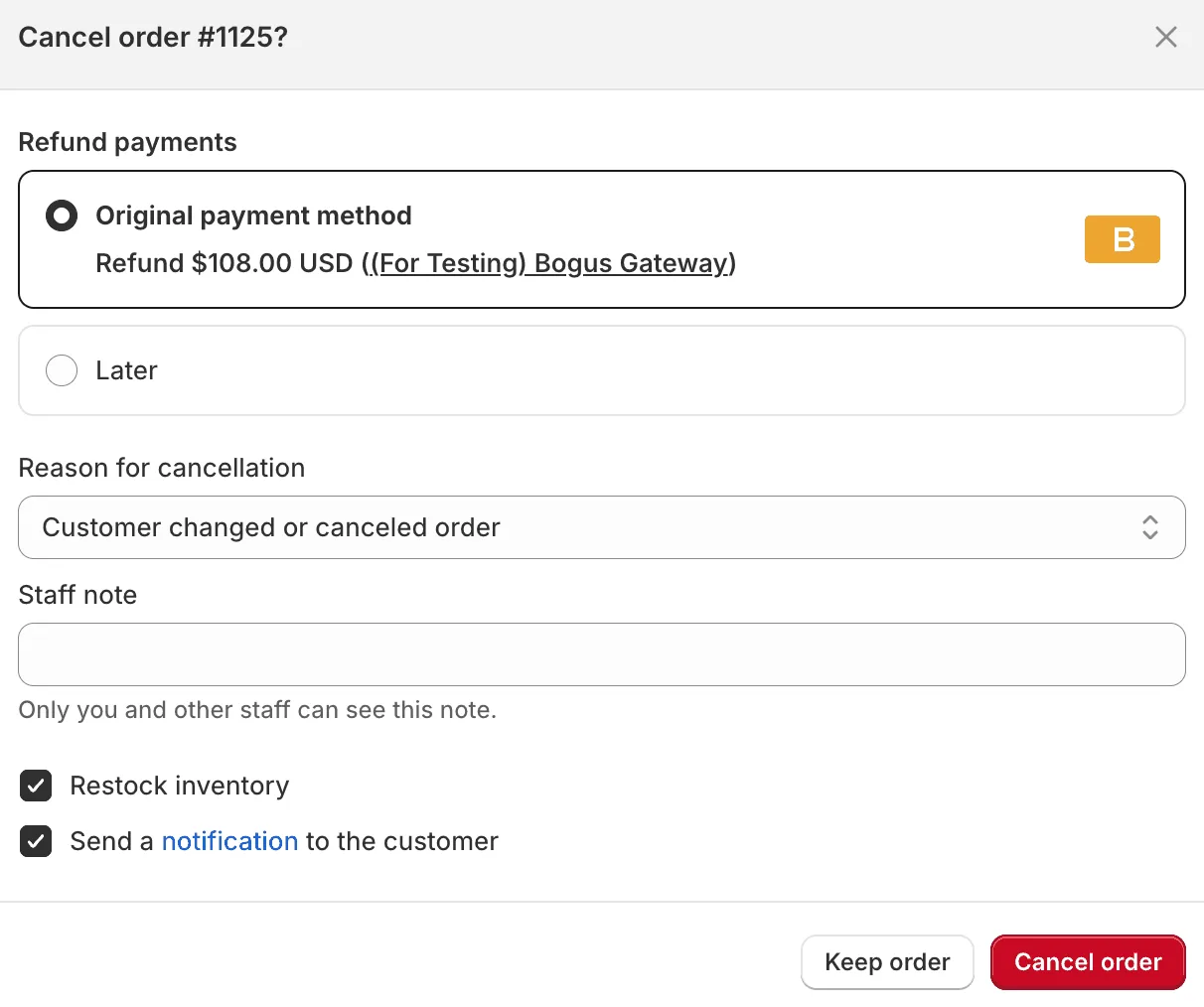 Schermata di annullamento dell’ordine in Shopify Admin