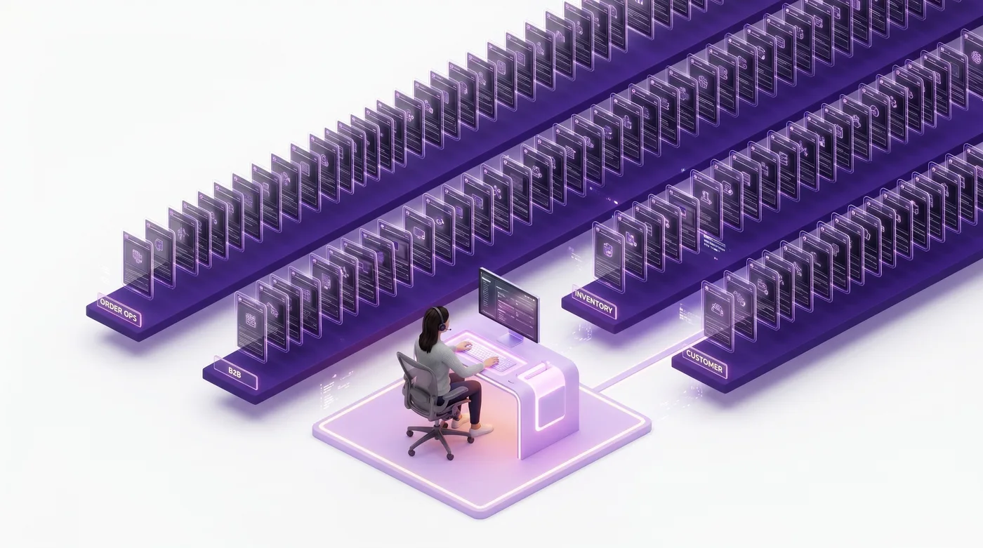 Responsabile Shopify Plus che consulta la raccolta completa di prompt AI per Shopify Flow, organizzata per area operativa
