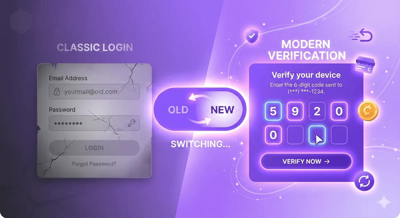 Technische Illustration in Violett auf einem violetten Farbverlauf: Ein leuchtender Schalter wechselt von „OLD“ zu „NEW“. Links ist ein verblasstes, rissiges Anmeldeformular mit Feldern für E-Mail-Adresse und Passwort zu sehen. Rechts erscheint ein heller Bildschirm für einen sechsstelligen Bestätigungscode, umgeben von Symbolen für Sicherheit, Shop-Guthaben und Retouren.