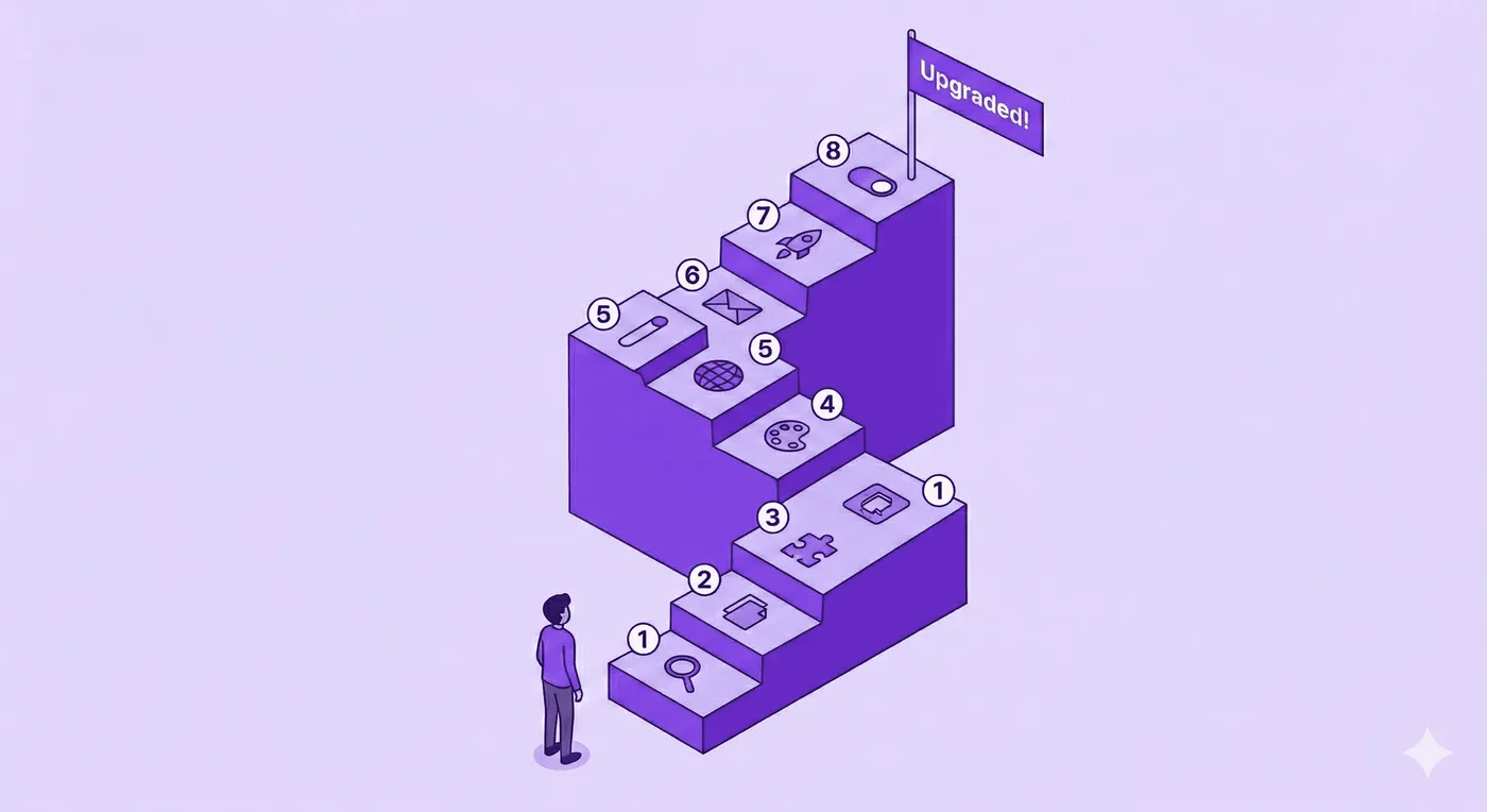Isometrische 3D-Illustration in Violett: Eine gewundene Treppe hat acht nummerierte Stufen mit unterschiedlichen Symbolen, darunter eine Lupe, ein Puzzleteil und eine Rakete. Unten blickt eine kleine Figur zu einer Flagge mit der Aufschrift „Upgraded!“ hinauf.