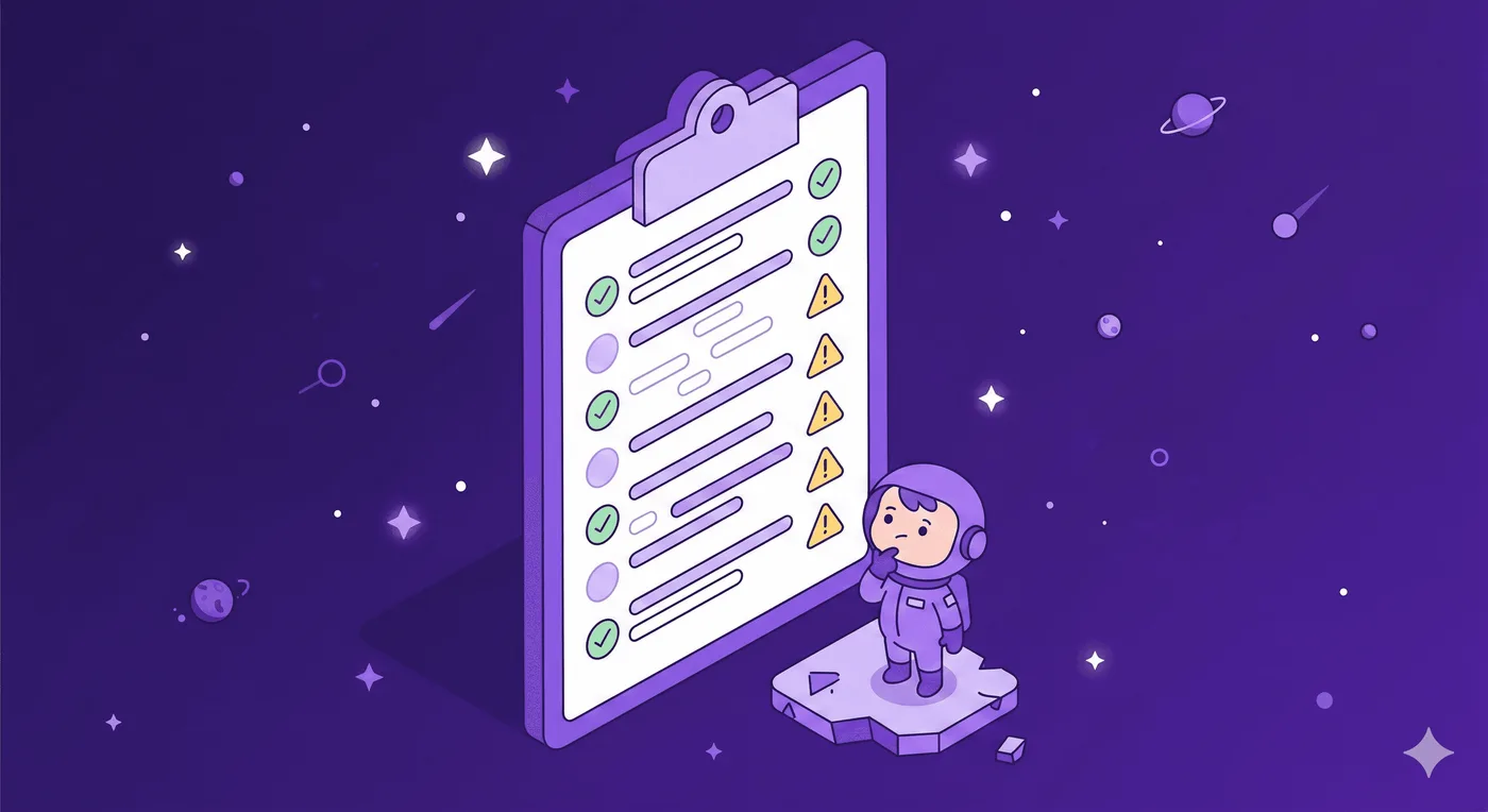 Klare isometrische Illustration in Violett: Ein großes Klemmbrett schwebt im Raum. Die Checkliste zeigt statt Text Platzhalterlinien sowie grüne Häkchen und gelbe Warndreiecke. Unten steht eine kleine Figur nachdenklich auf einem schwebenden Felsen und blickt zur Liste hinauf.