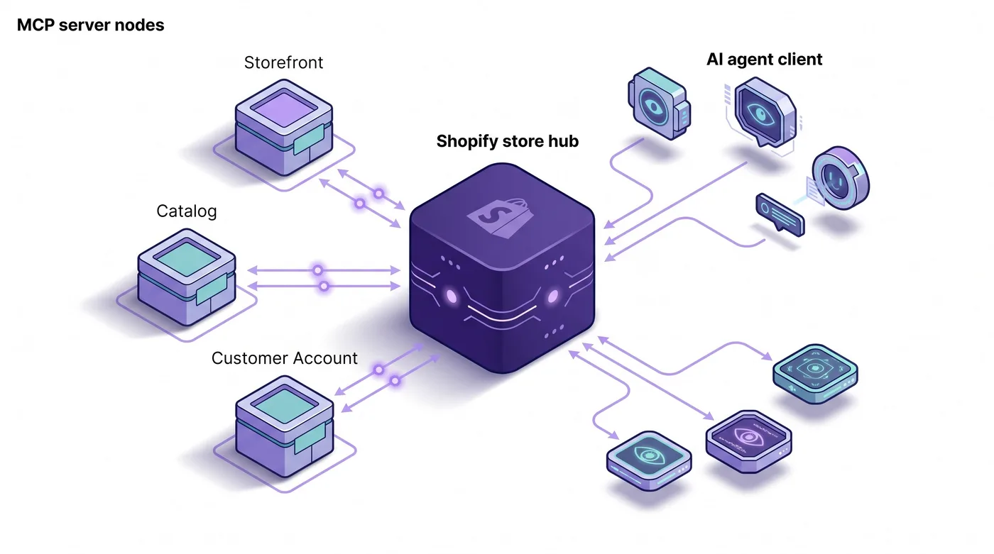 Architectuur van Shopify MCP-servers, met Storefront-, Catalog- en Customer Account-endpoints die zijn verbonden met AI-agents