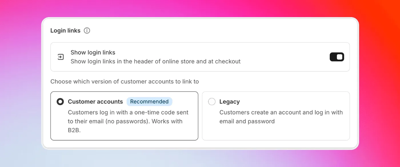 Impostazioni degli account cliente Shopify con le opzioni di autenticazione nuove e legacy