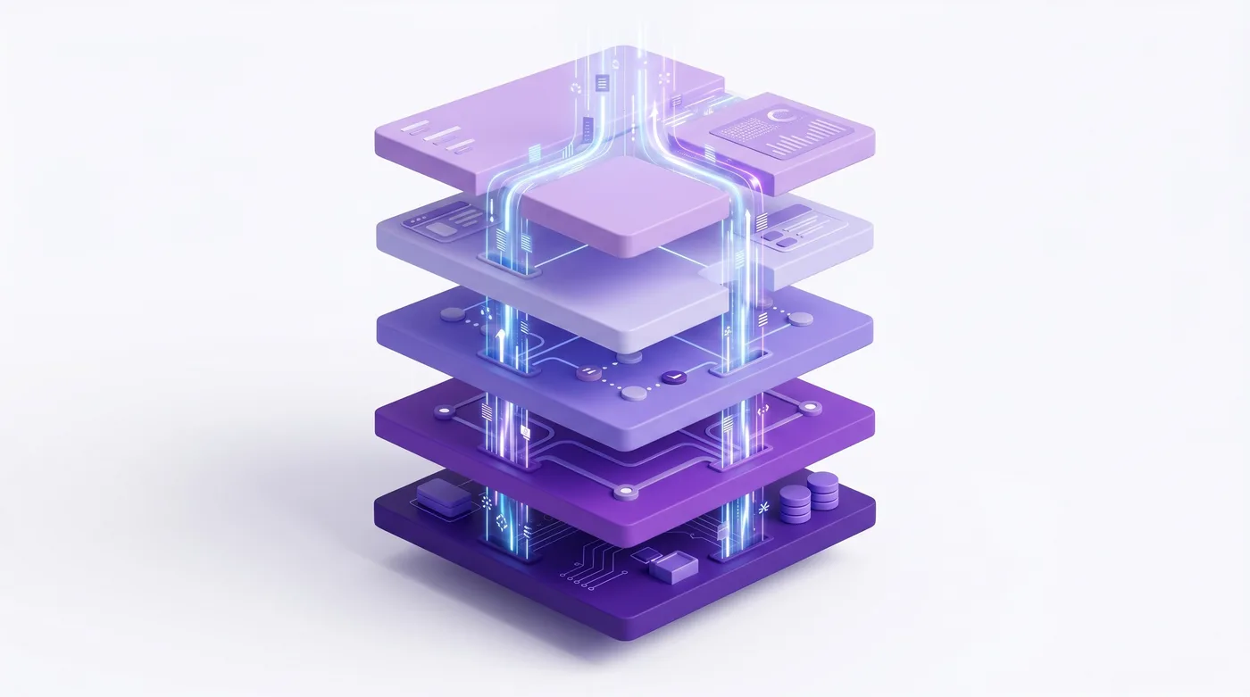 Diagrama de la arquitectura de gestión de pedidos de Shopify en cinco capas para equipos de Plus