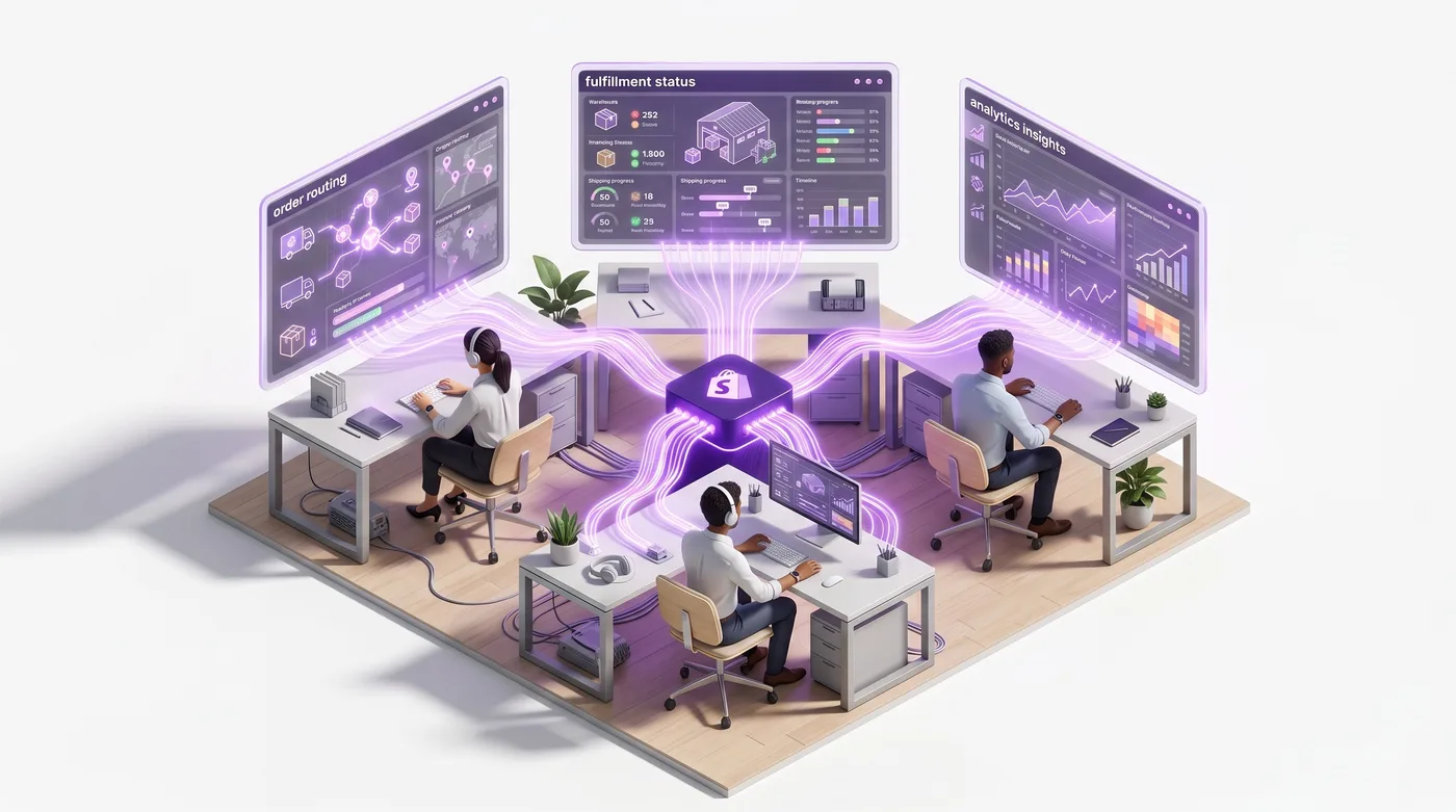 Equipo de operaciones de Shopify Plus supervisando paneles de preparación de pedidos en varios canales