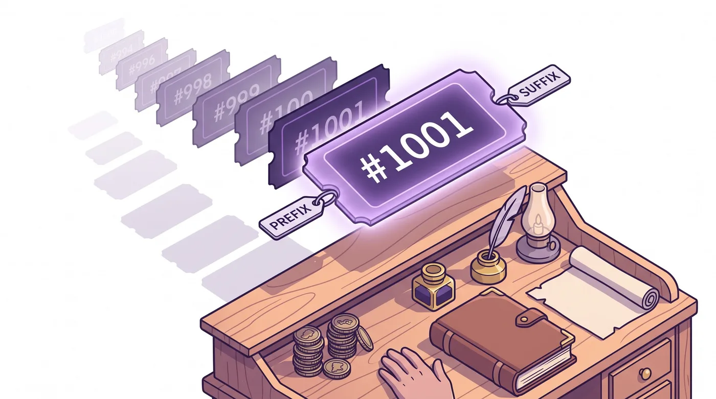 Shopify-bestelnummer #1001 op een zwevende bestelkaart, met labels voor het voorvoegsel en achtervoegsel