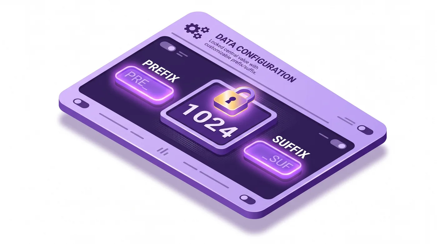 Instellingen voor de Shopify-bestel-ID met bewerkbare velden voor het voorvoegsel en achtervoegsel rond een vast nummer