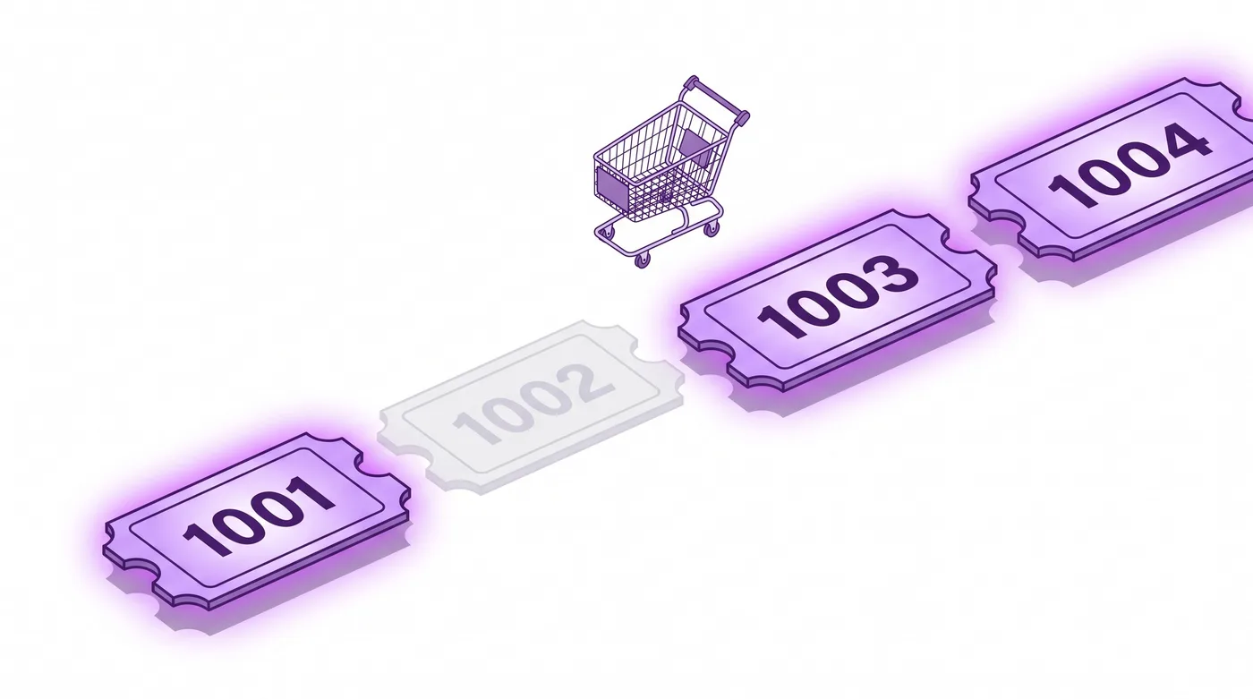 Nummertjes zoals bij een versafdeling, met gaten tussen Shopify-bestelnummers 1001, 1003 en 1004