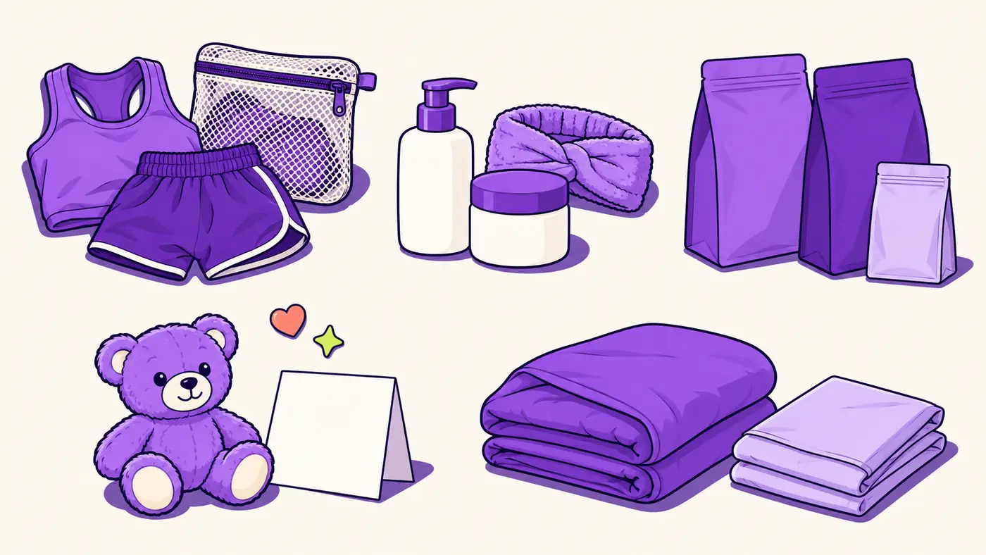 Running apparel, skincare, coffee, a teddy bear and bedding beside their companion products