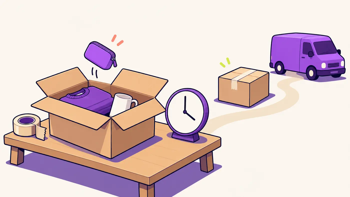 An open parcel receiving a companion item before moving from a packing bench to a dispatch van
