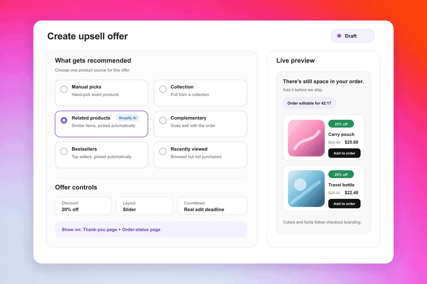 Editor de ofertas de venta adicional de Revize con opciones de origen del producto, descuento y ubicación