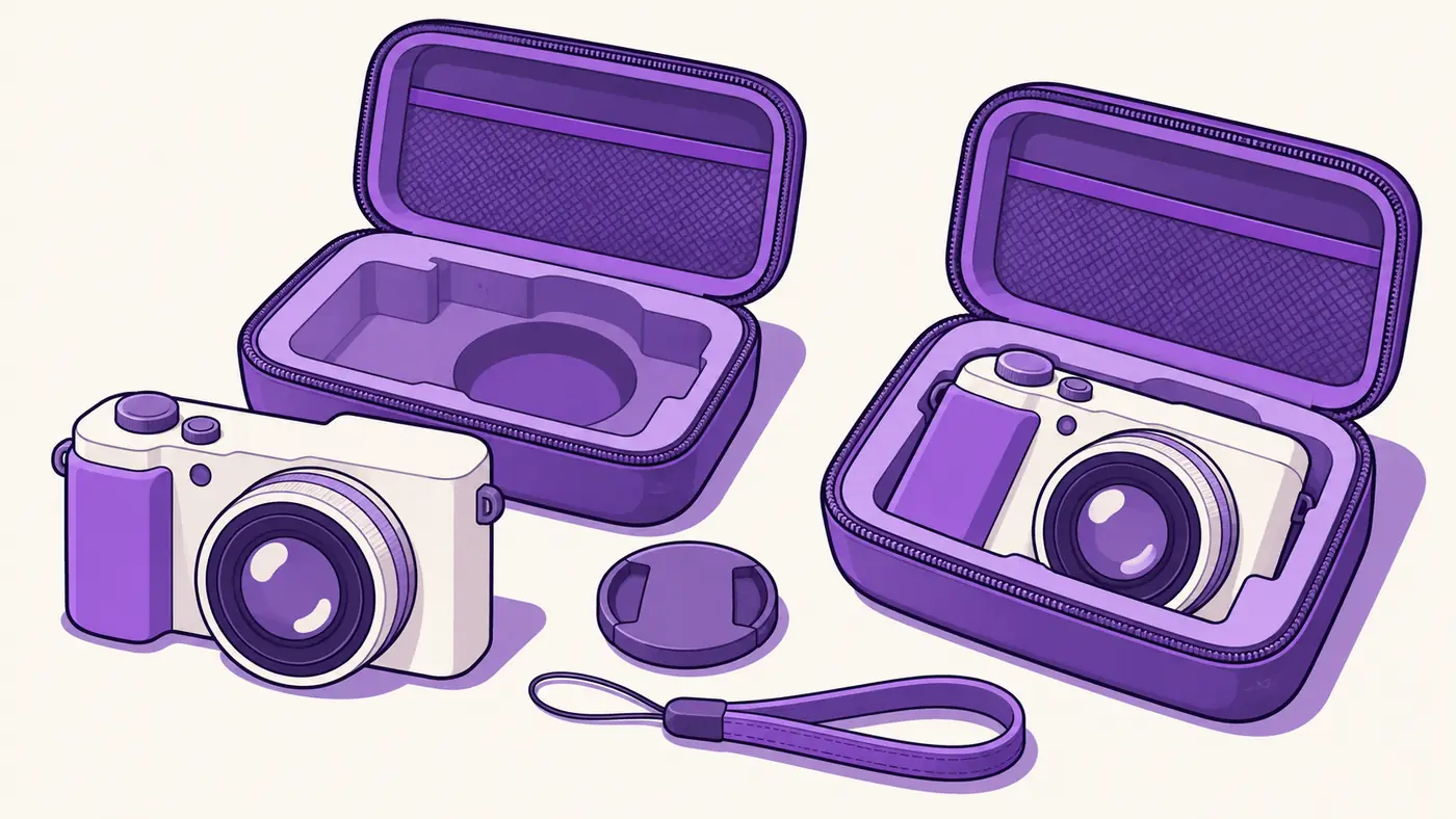 A camera beside its fitted case, with the camera shown resting inside the open case