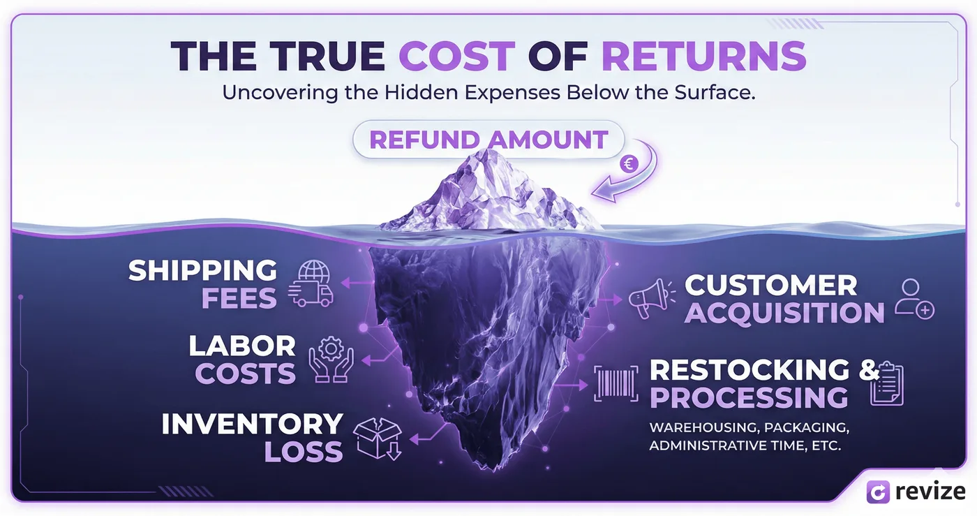 Infográfico intitulado ‘O custo real das devoluções’ que usa a analogia de um iceberg. A ponta visível acima da água representa o ‘Valor do reembolso’. A parte submersa, muito maior, representa despesas ocultas do e-commerce, incluindo frete, mão de obra, perda de estoque, aquisição de clientes e taxas de reposição em estoque e processamento.