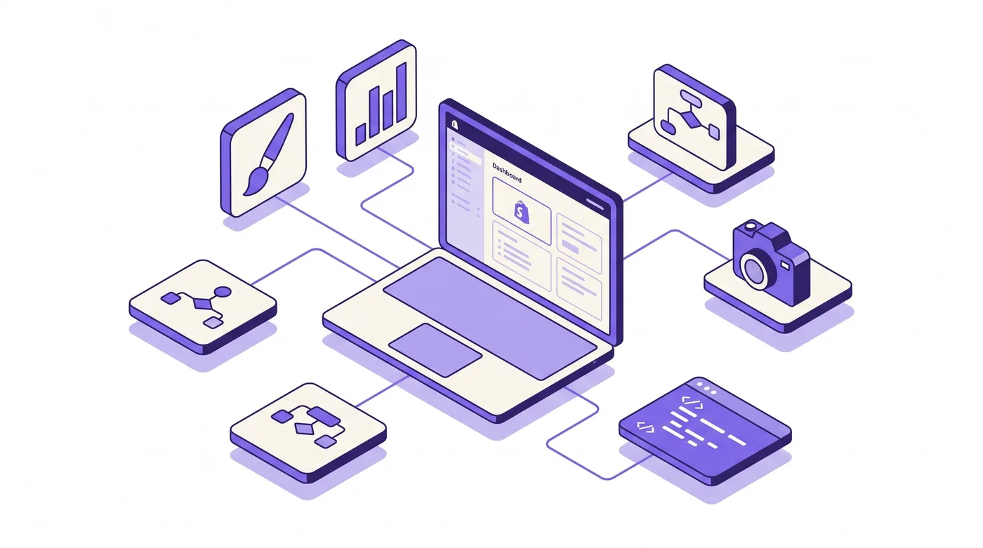 Ilustración isométrica de un panel de administración de Shopify en el centro, rodeado de iconos de herramientas de IA: un pincel para el tema, un gráfico de análisis, un diagrama de flujo, una cámara y un bloque de código; en tonos morados y crema