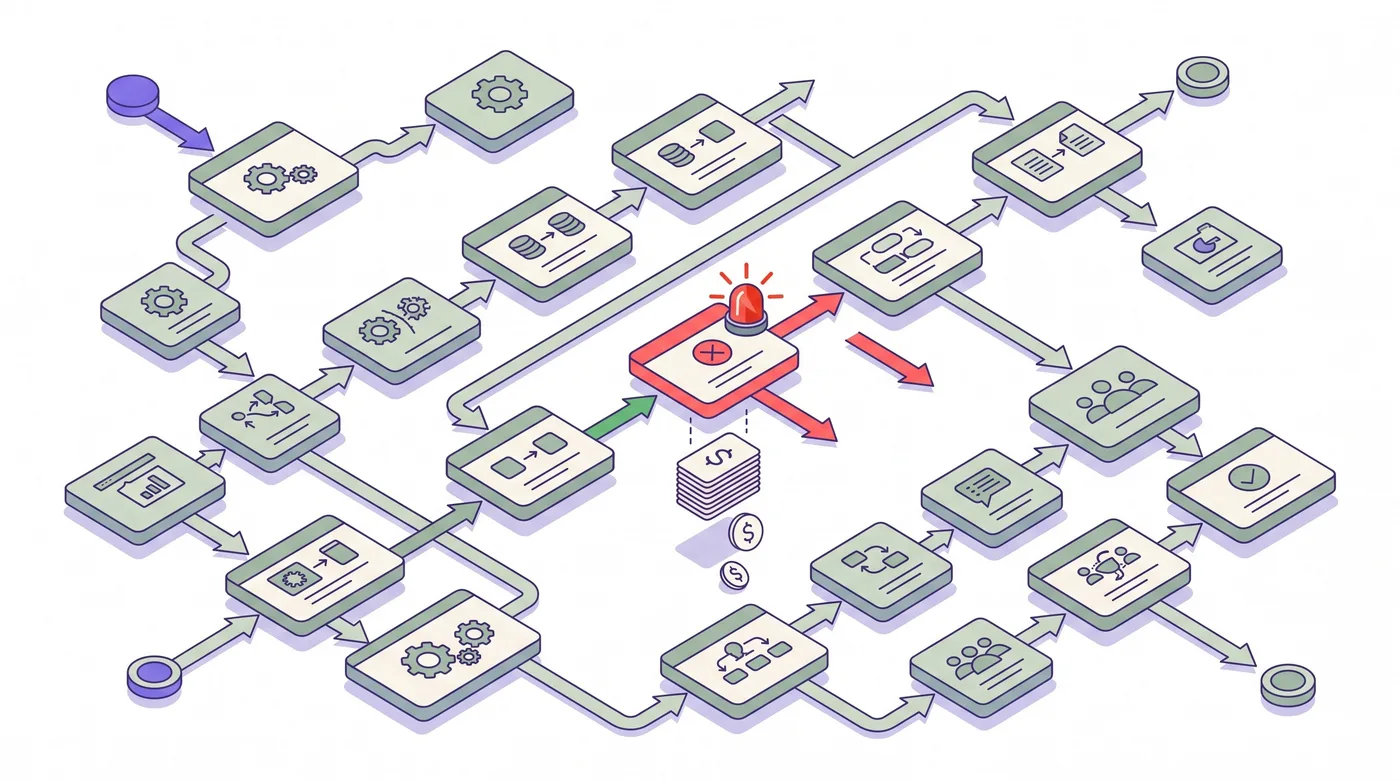 Ilustración isométrica de un diagrama de flujo con cuadros de procesos conectados; uno de los cuadros centrales muestra una alerta roja y debajo hay una pequeña pila de símbolos de dólar