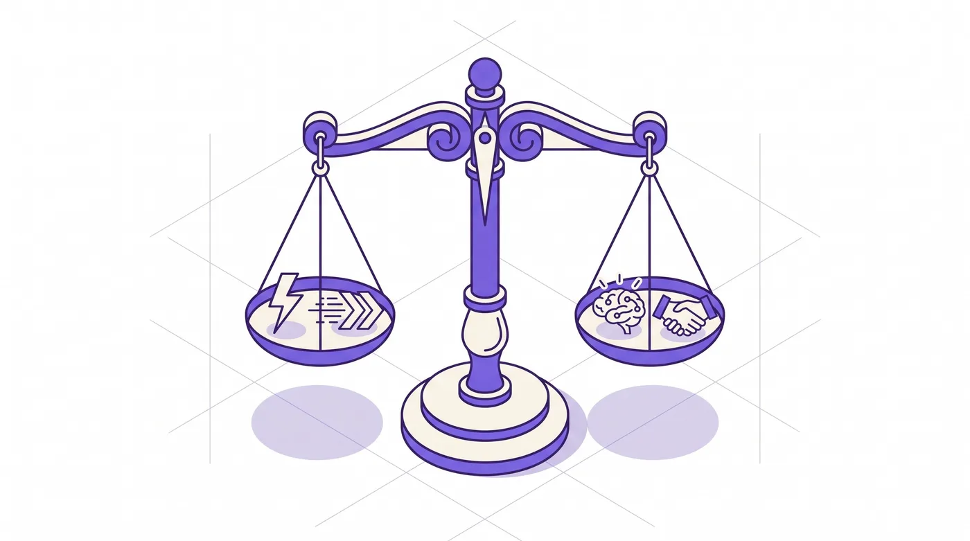 Ilustración isométrica de una balanza equilibrada: en un platillo hay iconos de velocidad y un rayo; en el otro, un cerebro y un apretón de manos