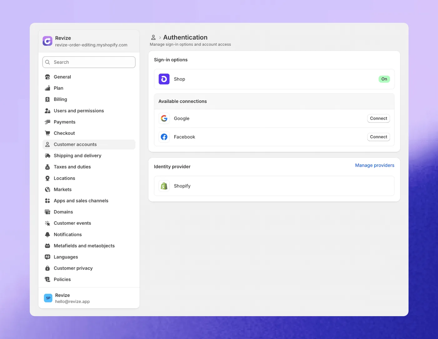 Tela de configurações de autenticação da Shopify com conexões de login social do Google e Facebook