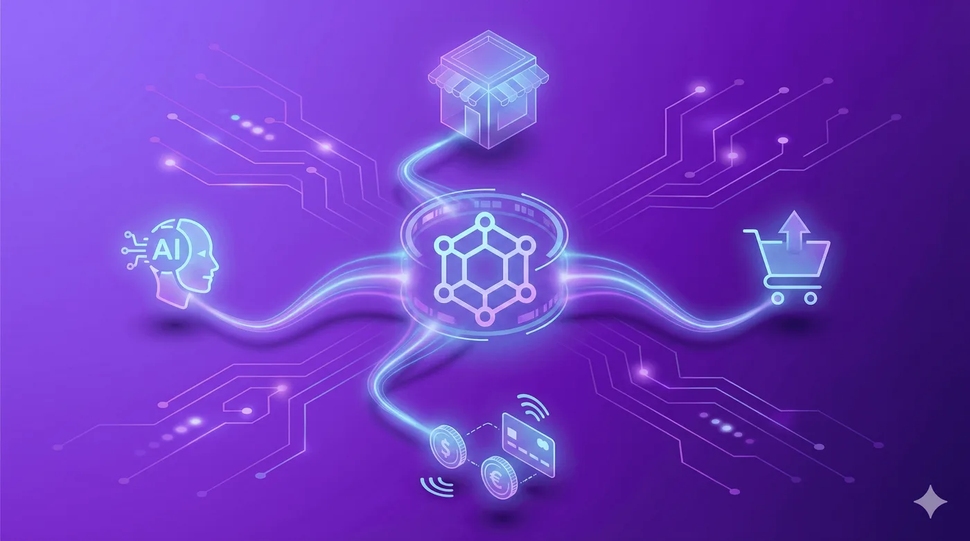 Illustrazione isometrica di un hub esagonale viola luminoso che collega una testa stilizzata per l’AI, un negozio, icone di pagamento e un carrello.