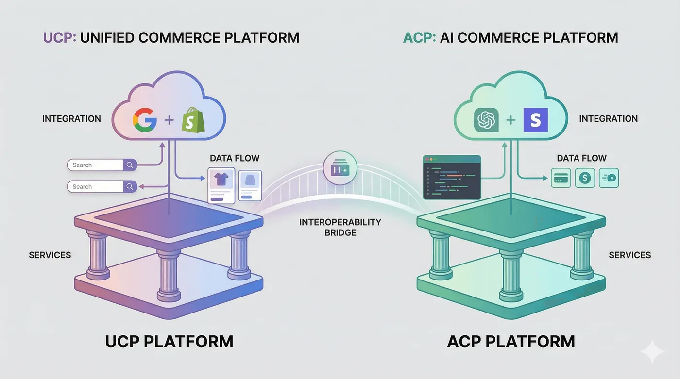 Diagramma che confronta “UCP Platform” e “ACP Platform”, collegate da un “Interoperability Bridge”.