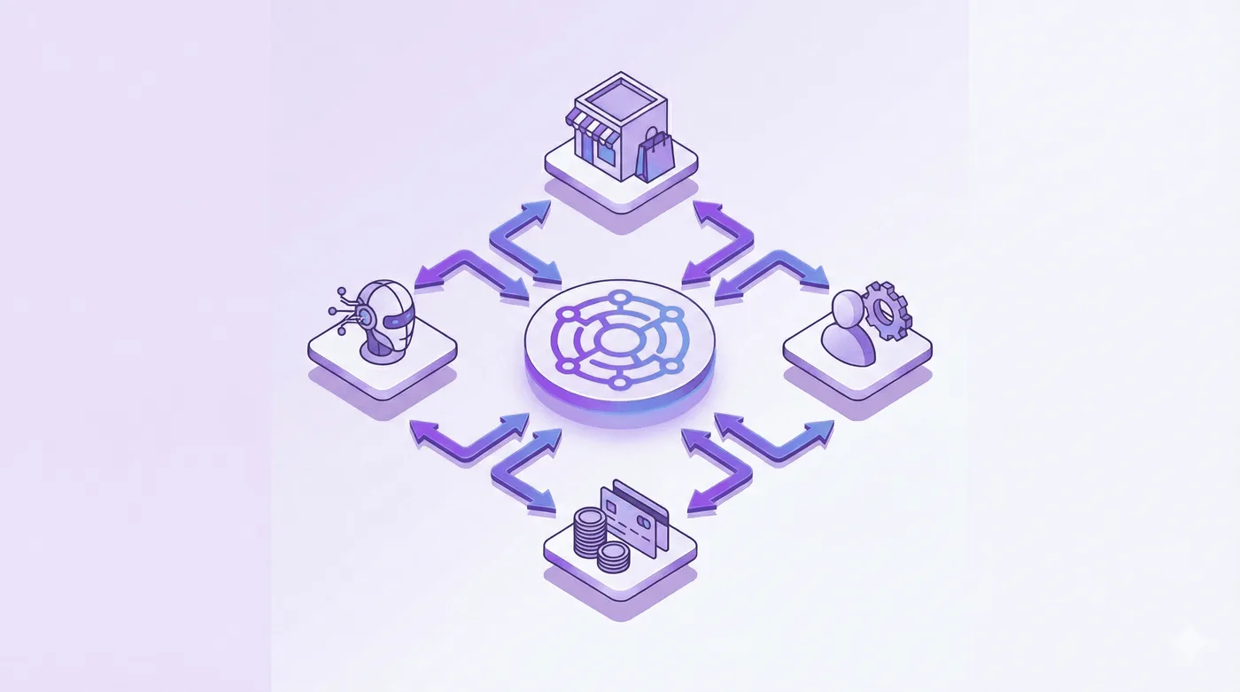 Diagramma isometrico quadrato con un hub centrale e quattro icone collegate: robot, negozio, pagamenti e profilo utente.