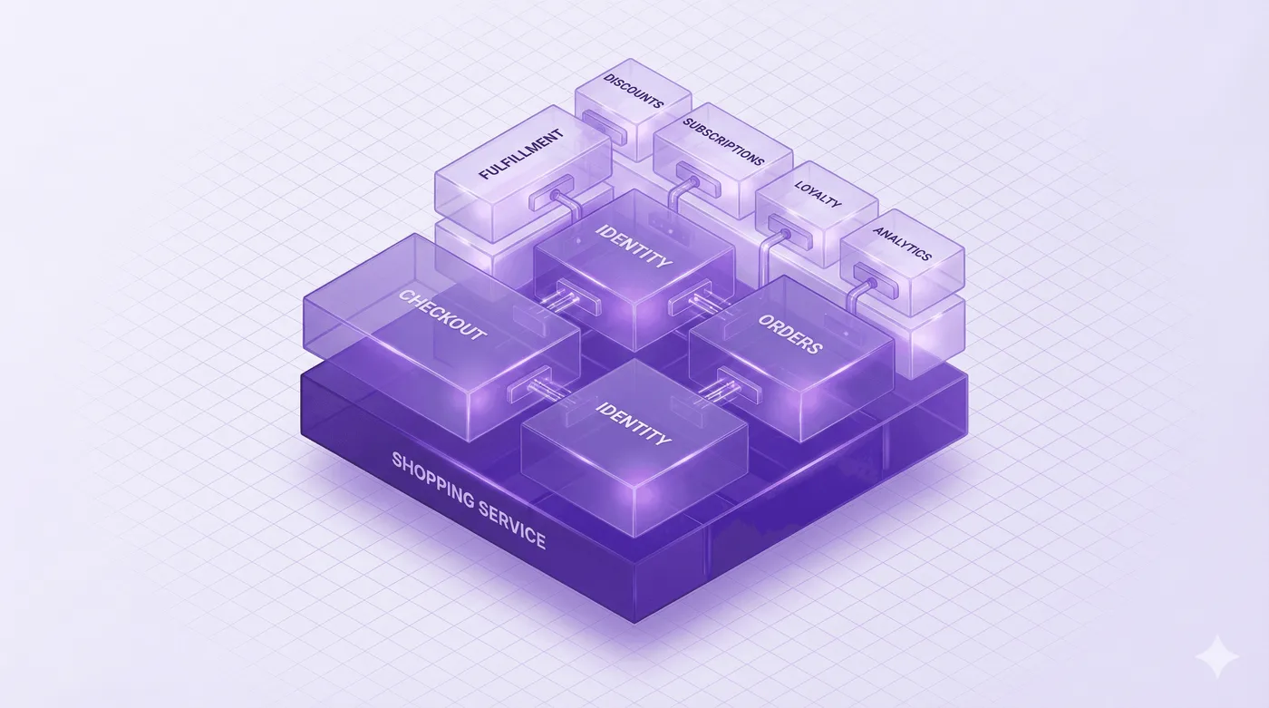Diagramma isometrico 3D viola che mostra una piattaforma a livelli, con una base chiamata “Shopping Service” e diversi moduli.