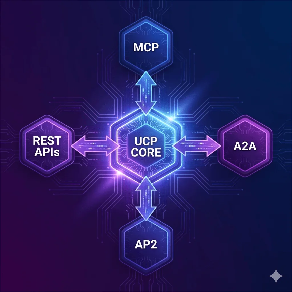 Diagramma con un elemento centrale “UCP CORE” collegato a quattro nodi: “MCP”, “A2A”, “AP2” e “REST APIs”.