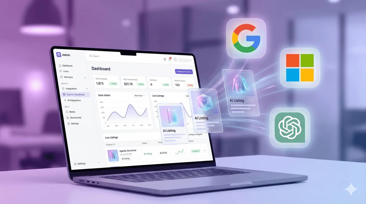 Un portatile mostra una dashboard “Agentic Storefronts”, circondata da icone di Google, Microsoft, ChatGPT e schede prodotto.